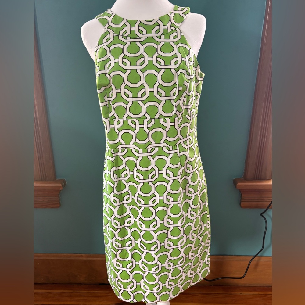 Skirtin Around Lime Green and White Strapless-Style Geometric Dress